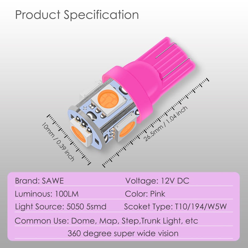 SAWE - 168 194 2825 T10 W5W 5050 5-SMD LED License Plate Dome Map Lights Bulbs (20 pieces) (Pink/Purple) - Image 2